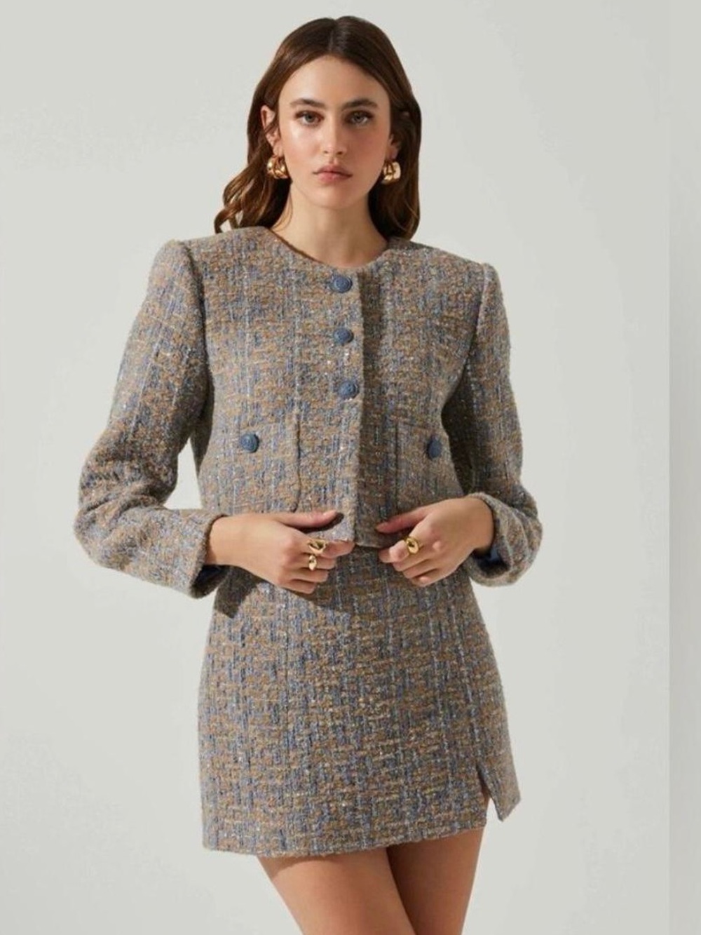 ASTR the label Textured Tweed Crop Jacket and skirt set in Blue-Grey size XS